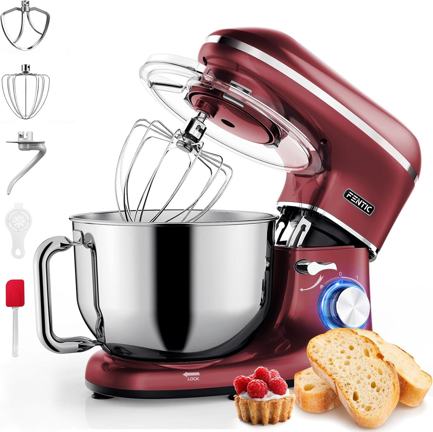 Fentic Food Processor - 2000 W - Stainless Steel Mixing Bowl (6.2 L) - Kitchen Mixer with Mixing Hook, Dough Hook, Beater and Splash Guard - Includes Additional Accessories (Red)