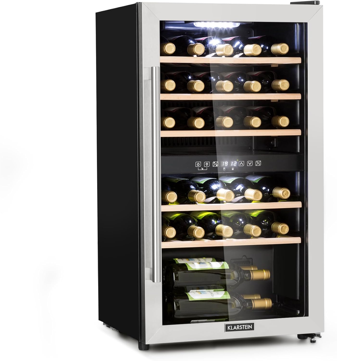 Klarstein Wine Refrigerator, Drinks Fridge Slim, Fridge with Glass Door, Drinks Refrigerators Freestanding, Wine Fridge Small, Wine Refrigerators 2 Zones, UV Protection, 5-22°C, 29 Bottles
