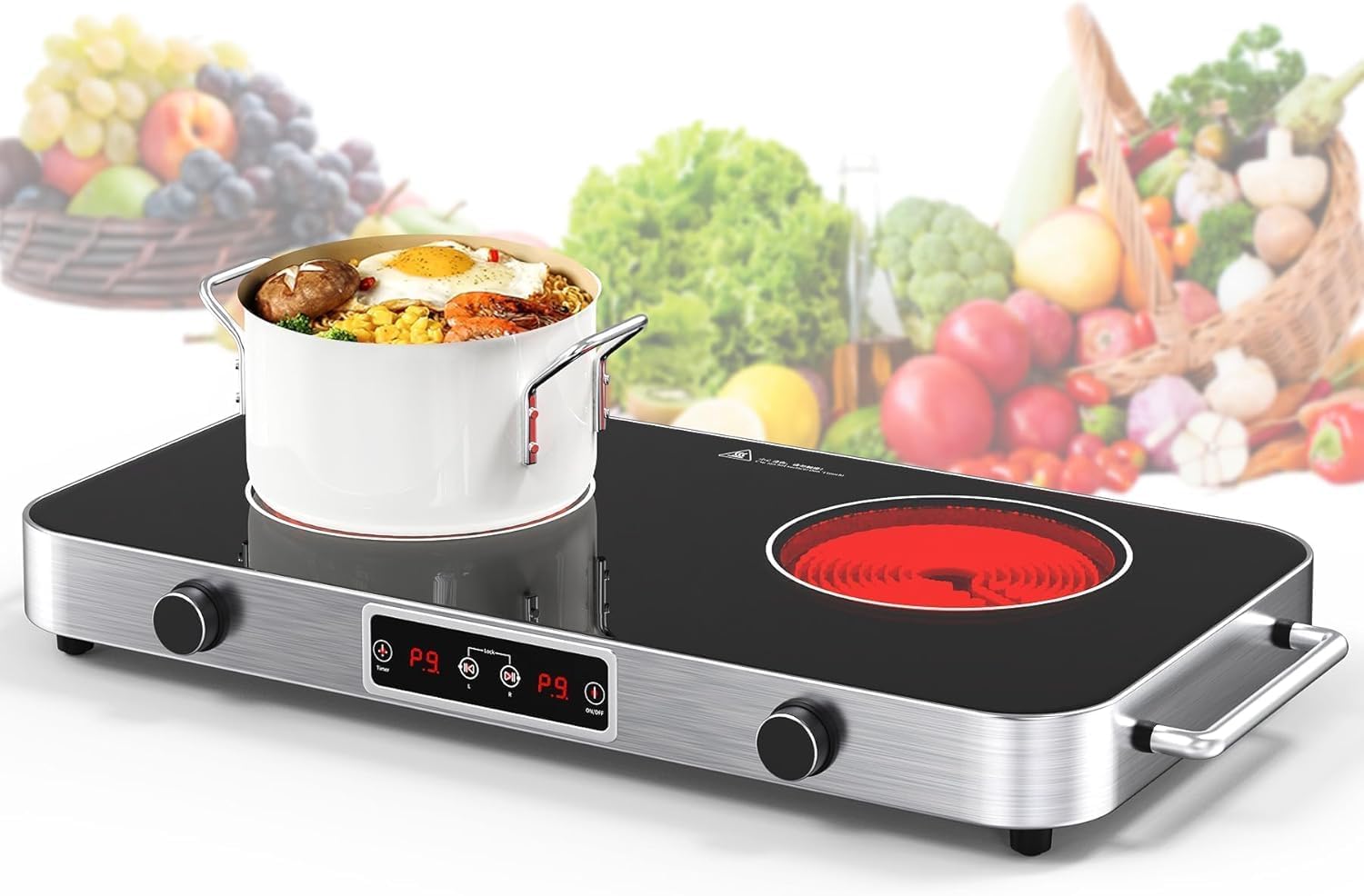 GTKZW Double Induction Hob, 2 Hobs, Induction, 9 Temperatures and Power Levels, Timer for 1.5 Hours, for Any Flat Hob, Infrared Cooker 220V-240V
