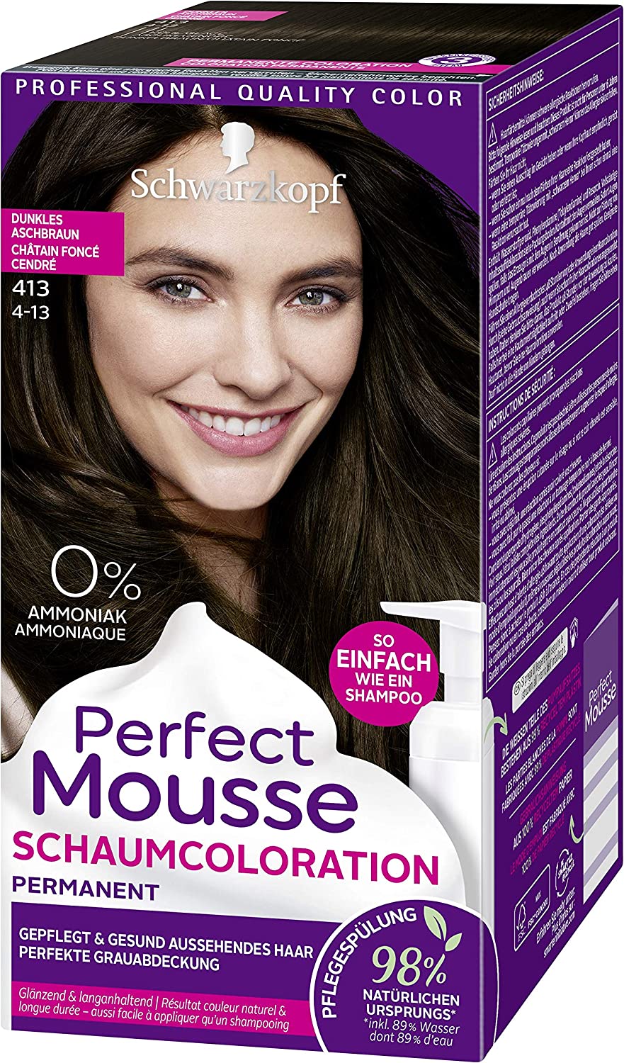Perfect Mousse mousse Schwarzkopf Perfect Mouse Permanent Foam Colouration 413 Dark Ash Brown Level 3 Pack of 3 x 92.5 ml