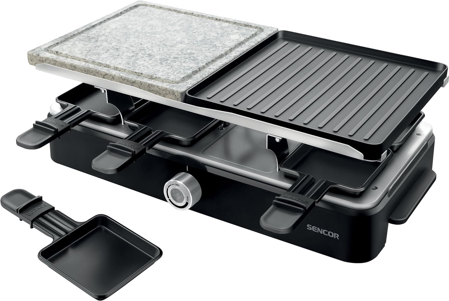 Sencor Raclette Multifunctional Device, Powerful, EasyClean, Professional 1400 W, Raclette 8 People, Raclette Cheese, Fondue, Grill and Stone, Adjustable Temperature, Complete Accessories