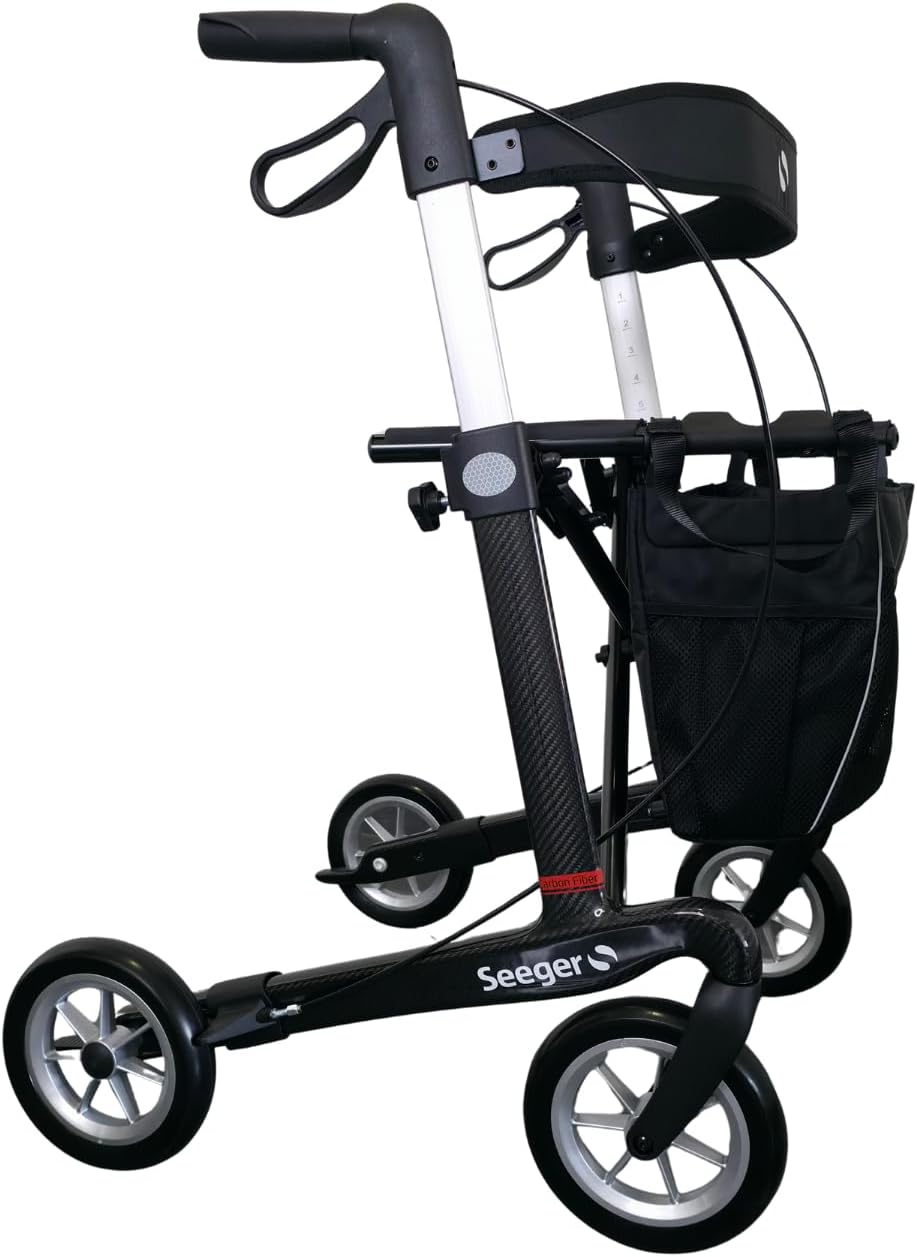 Rehasense Athlon SL Carbon Rollator Lightweight & Foldable for Indoor and Outdoor Use Lightweight Rollator in Premium Design Including Soft Wheels and Back Strap (Seeger Logo)