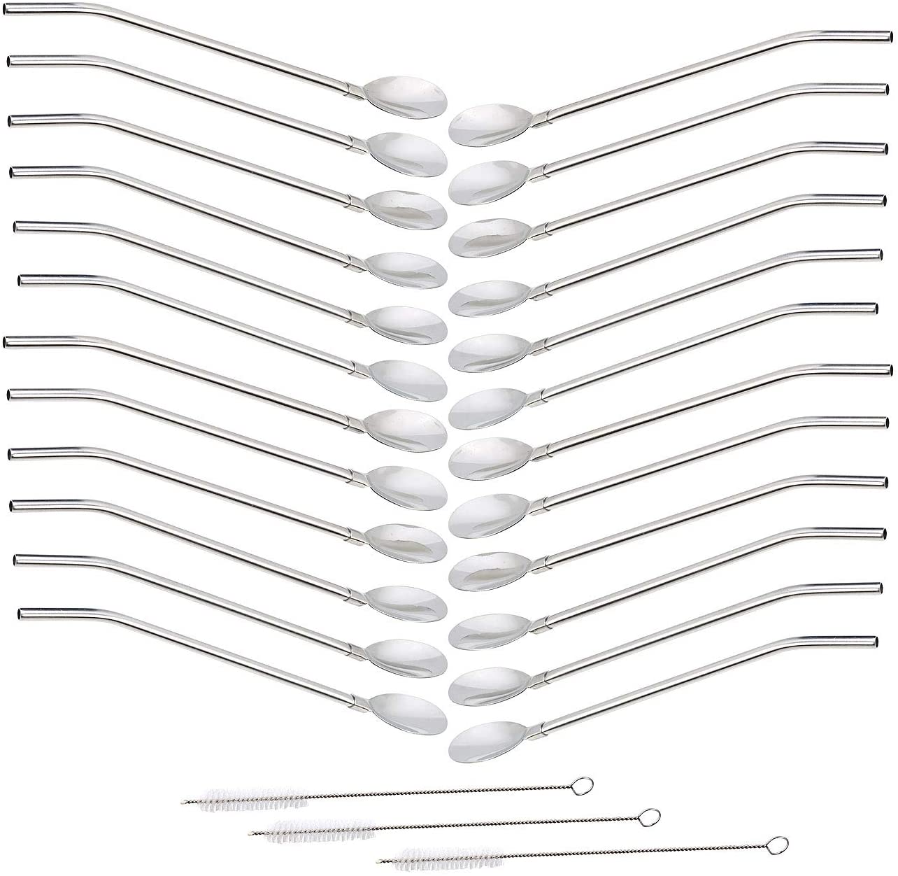 Rosenstein & Söhne Drinking Spoon: Set of 18 2-in-1 Stainless Steel Straw Spoons with Cleaning Brush (Stainless Steel Straw)