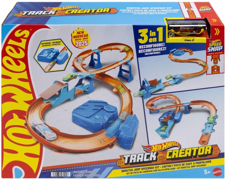 Hot Wheels Toy Car Track Set, Deluxe Construction Set with Motorised Accelerator, Vehicle in 1:64 Scale, Track Quick Plug System, Accelerator Jump Quick Rack, JDB49