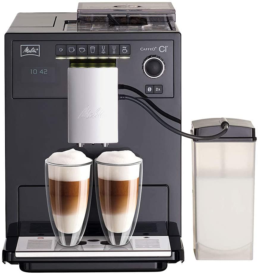 Melitta Coffeo Ci E970-103 Coffee Machine, Ground Coffee and Granu, Personalised, Milk Container, Automatic Cleaning, 15 Bar, Black, 1400 W, 1.8 Litre, Plastic (Refurbished)