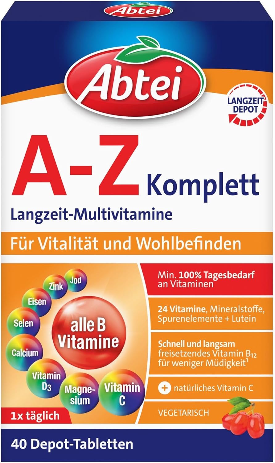 Abtei A-Z Komplett Langzeit-Multivitamine - 24 Vitamine und Mineralstoffe - hochdosiert, vegetarisch - 40 Depot-Tabletten