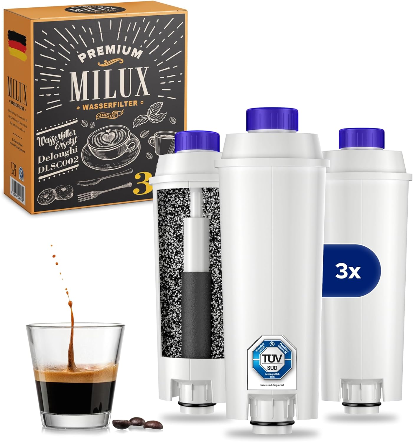 MILUX® Delonghi Water Filter for Coffee Machines & Espresso Machines [Set of 3] - Water Filter for DLSC002, Magnifica S/evo, Dinamica & Eletta Explorer - Delonghi Filter Cartridge - TÜV Certified