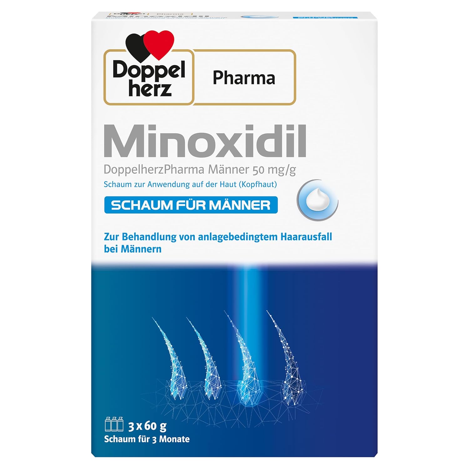 Doppelherz Minoxidil DoppelherzPharma Men 50 mg/g Foam for Use on the Skin (Scalp) - Medicine for the Treatment of Hereditary Hair Loss in Men from 18 Years (3 x 60 g)