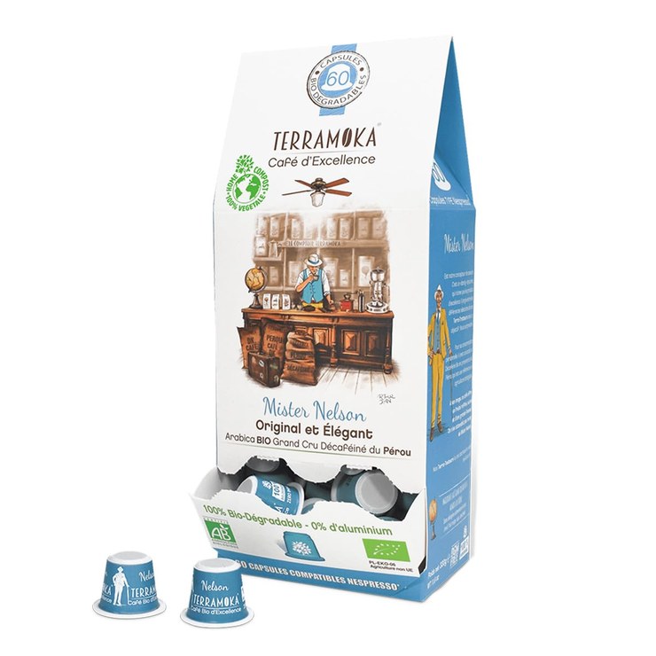 TERRAMOKA - Excellent Decaffeinated Organic Coffee - 100% Pure Arabica from Peru - Original and Elegant - 60 Nespresso* Capsules Compatible Zero Waste - Mister Nelson - France