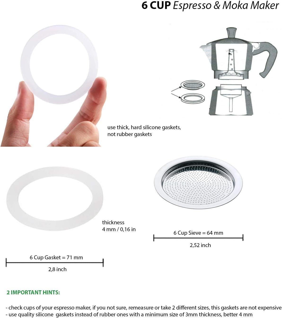 WESTCRAFT Replacement Funnel for 6 Cups Espresso Maker Blister Funnel for Mocha Cups, 6cup Espresso Cooker Strainer, E.G. TENCOMA, FITS in All (2 x Silicone Seal (71 mm) + strainer (64 mm) for 6 Cups Cookers)