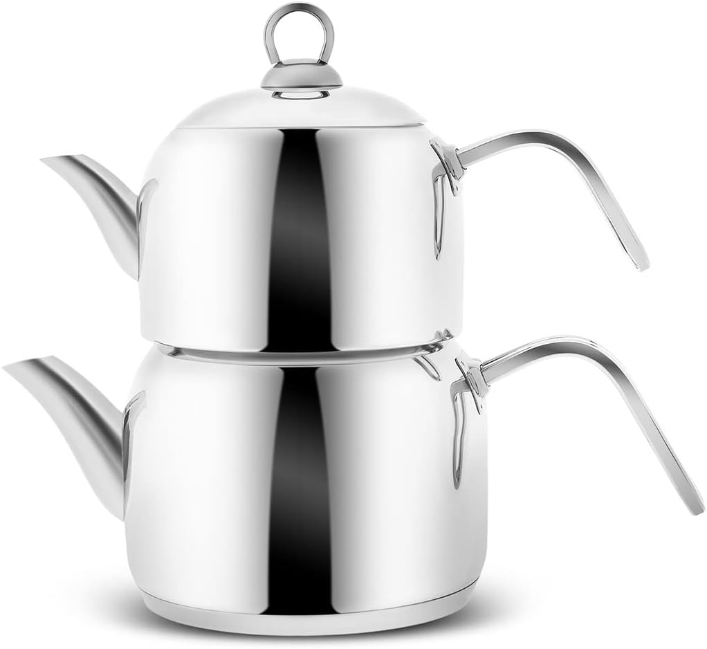 Karaca Urban Midi Turkish Teapot Stainless Steel Induction, 3-Piece Teapot Set, 3.3 Liters, Metal Turkish Tea Maker, Caydanlik with Strainer Insert