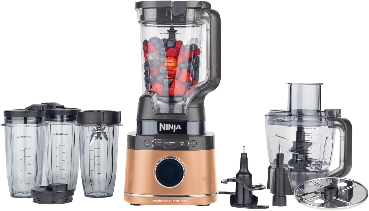 Ninja 3-in-1 Detect Power Blender Processor Pro, Powerful 1200 W Food Processor, Single Serve & Dough Hook, 1 x Single Serve Cup, Jug, Dough, Mix & Chop, Copper/Black, TB401EUCP