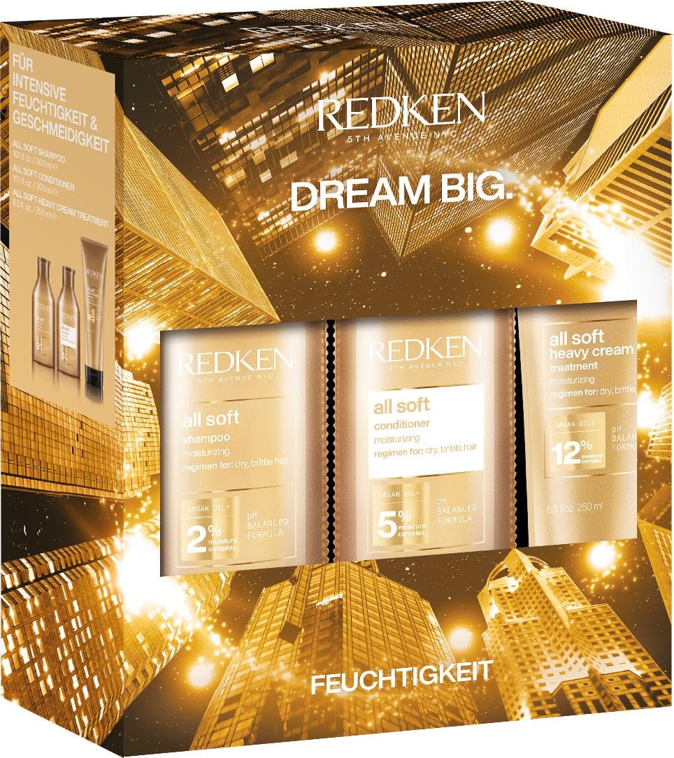 Redken Care Set Shampoo 300 ml, Conditioner 300 ml and Heavy Cream 250 ml for Dry and Brittle Hair, Invigorates and Hydrates, with Omega-6 and Argan Oil, All Soft