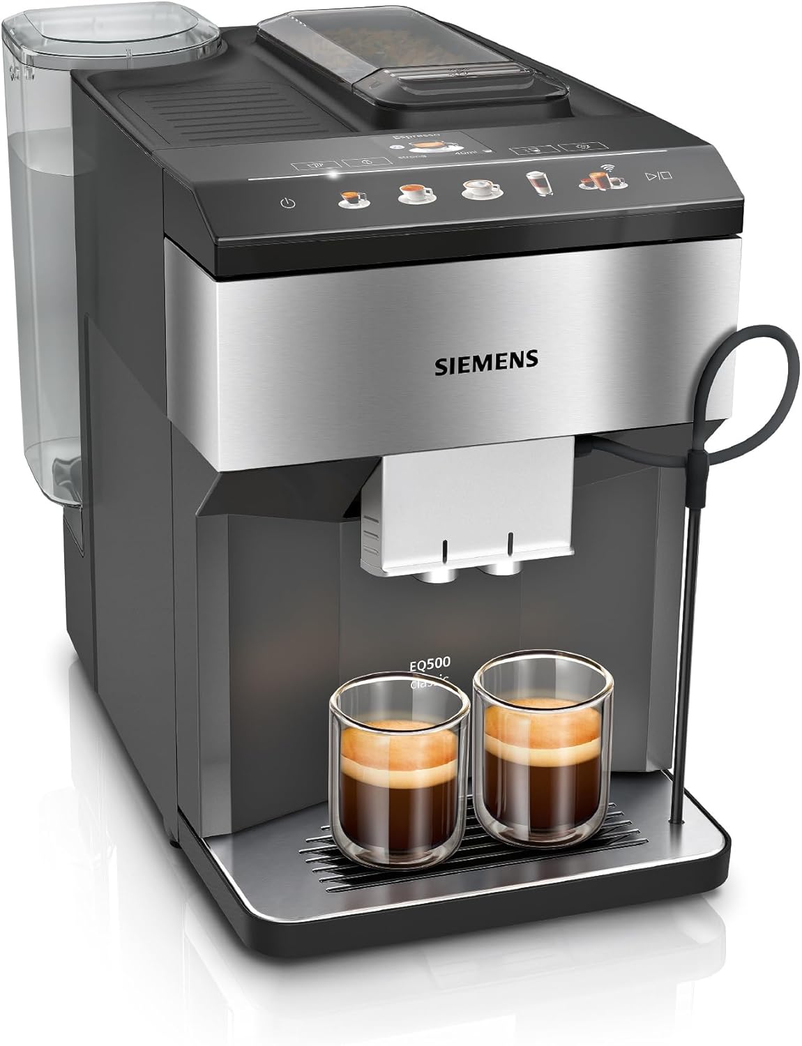 Siemens EQ500 classic TP516DX3 Fully Automatic Coffee Machine, App Control, Many Coffee Specialties, Integrated Milk Container, Double Cup Function, Automatic Steam Cleaning, 1500 W, Stainless Steel