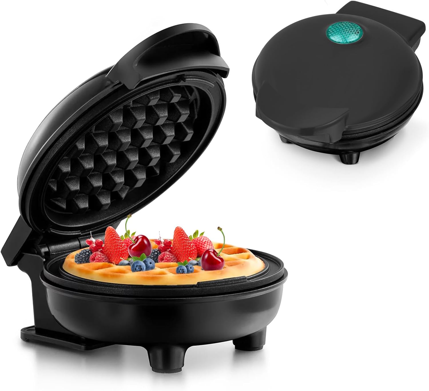 KOOSREEL Mini Waffle Iron for Classic Waffles, Small Waffle Maker with Non-Stick Coating Retro Design for Birthdays, Family Parties, Red