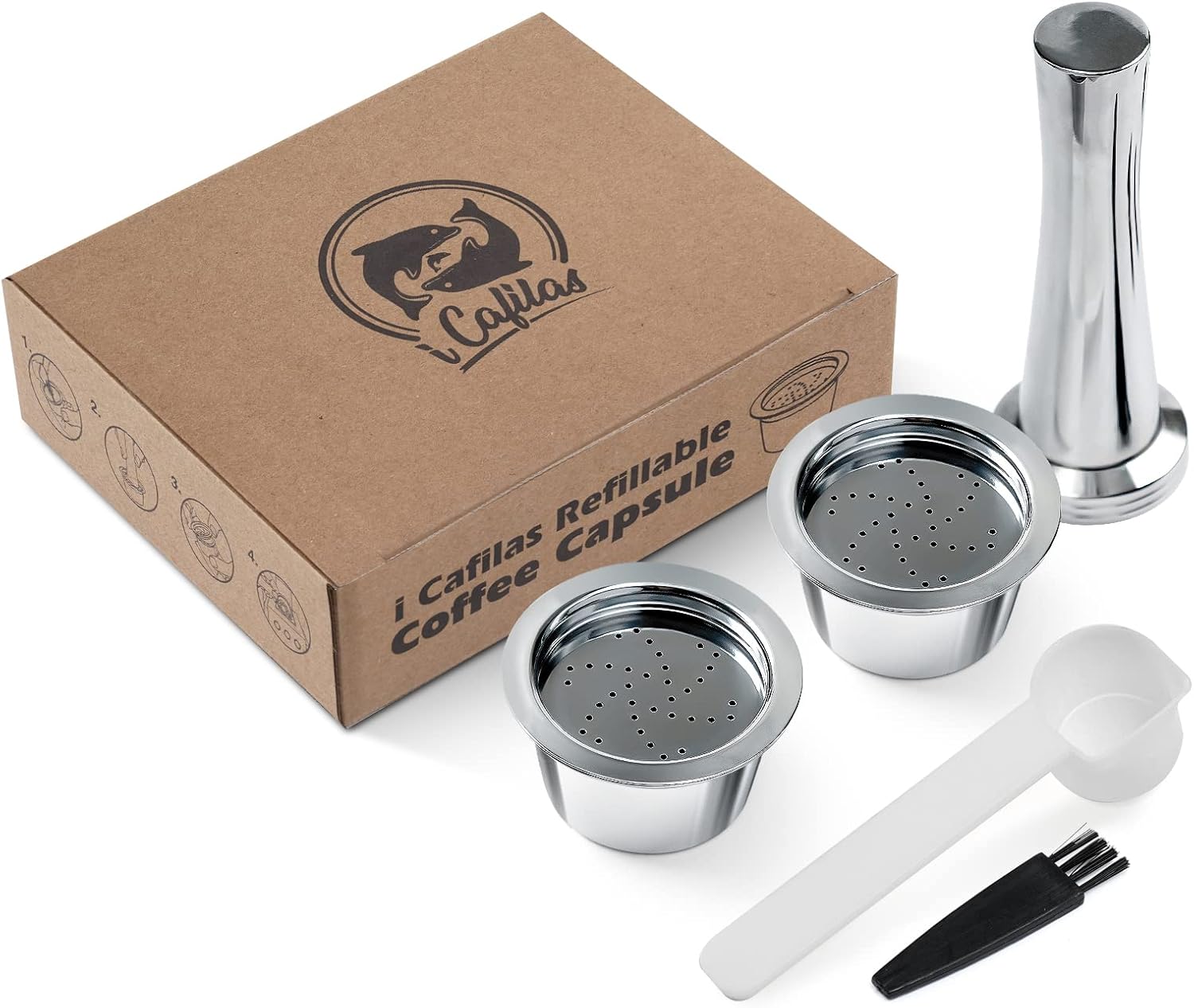 i Cafilas Reusable Coffee Capsules, Filter Cups for Coffee Machine, 1 Box of Coffee Capsules, Tamper Brush and Coffee Spoon, Compatible with Kfee/Caffitaly/Tchibo (Capsule + Tamper)