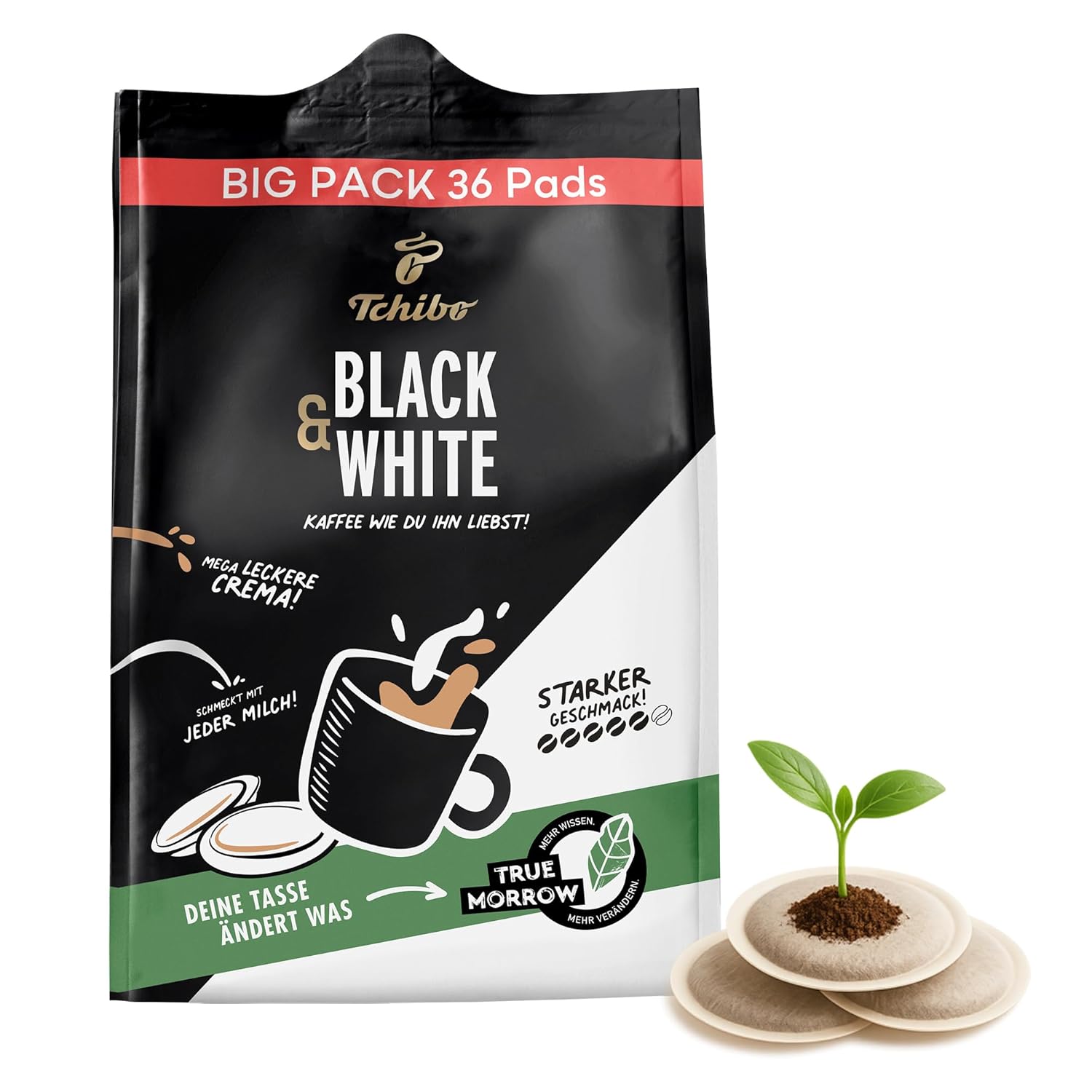 Tchibo Black & White Coffee Pods, Pack of 36, 1 Pack (Coffee, Strong with Strong Taste), Sustainable, Suitable for Senseo Machines