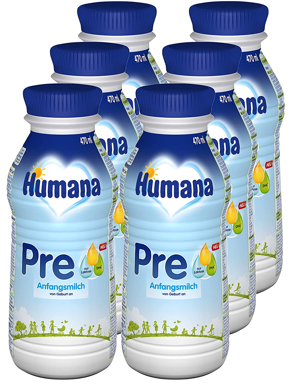 Humana Anfangsmilch Pre trinkfertig, von Geburt an, trinkfertige Säuglingsmilch, zusätzlich zur Muttermilch oder als alleinige Pre Nahrung, Babynahrung mit DHA und nur Laktose, 6 x 470 ml