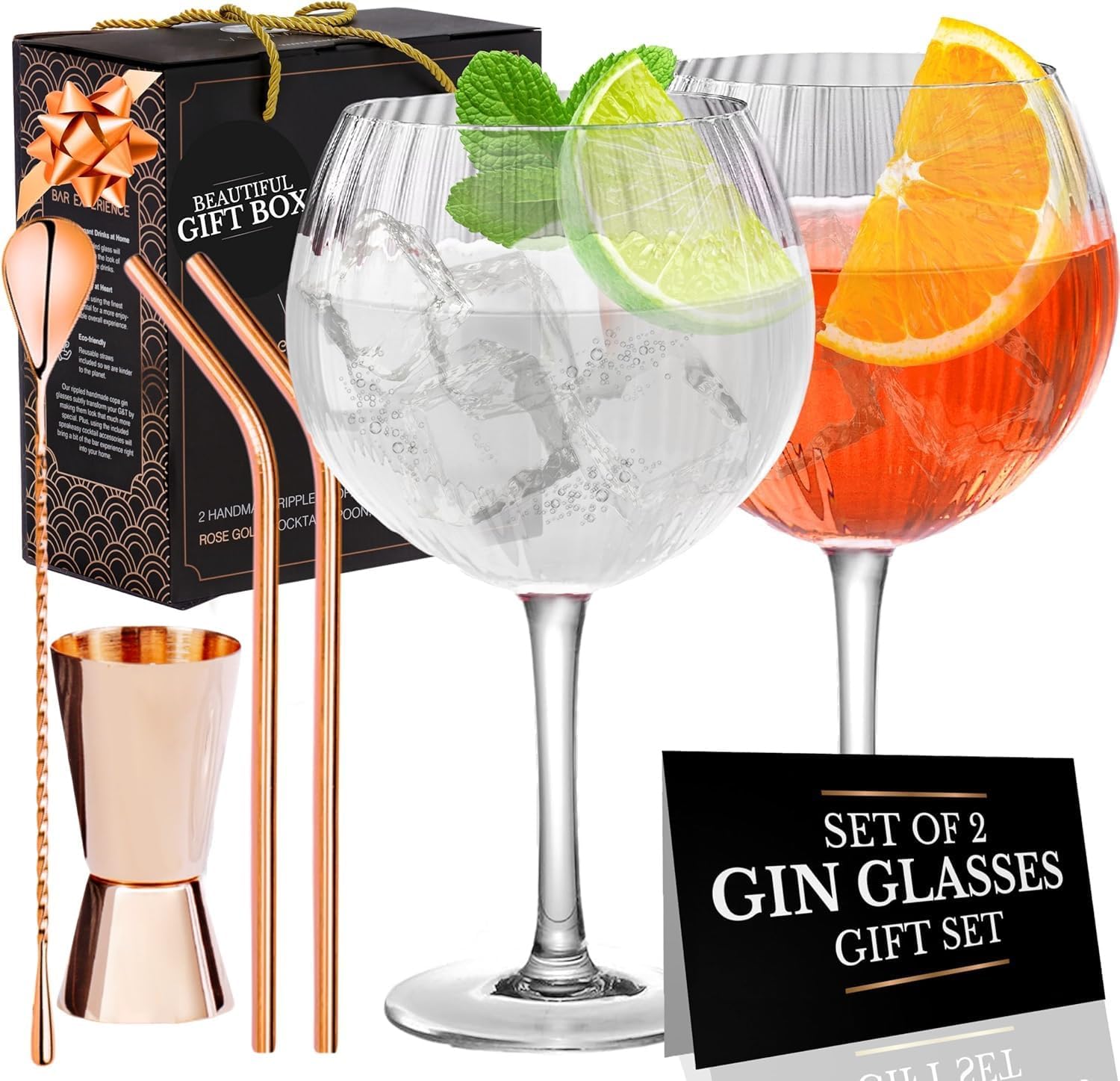 Vemacity Fluted Gin and Tonic Glass Set | 2 Handmade Gin Glasses, Rose Gold Bar Spoon, 2 Metal Straws, Pourer & Recipe PDF | Cocktail Set