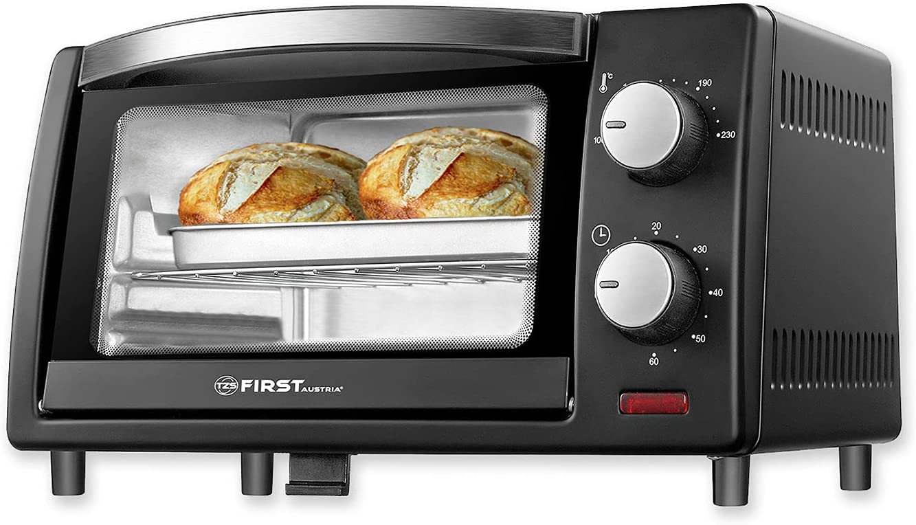TZS First Austria - 10 Litre Mini Oven with 800 Watts - Under and Lower Heat up to 230 Degrees Continuous Temperature Control - 60 Minute Timer - 2 Slot Heights - Double Glass Door - Mini Oven - Crumb Flap
