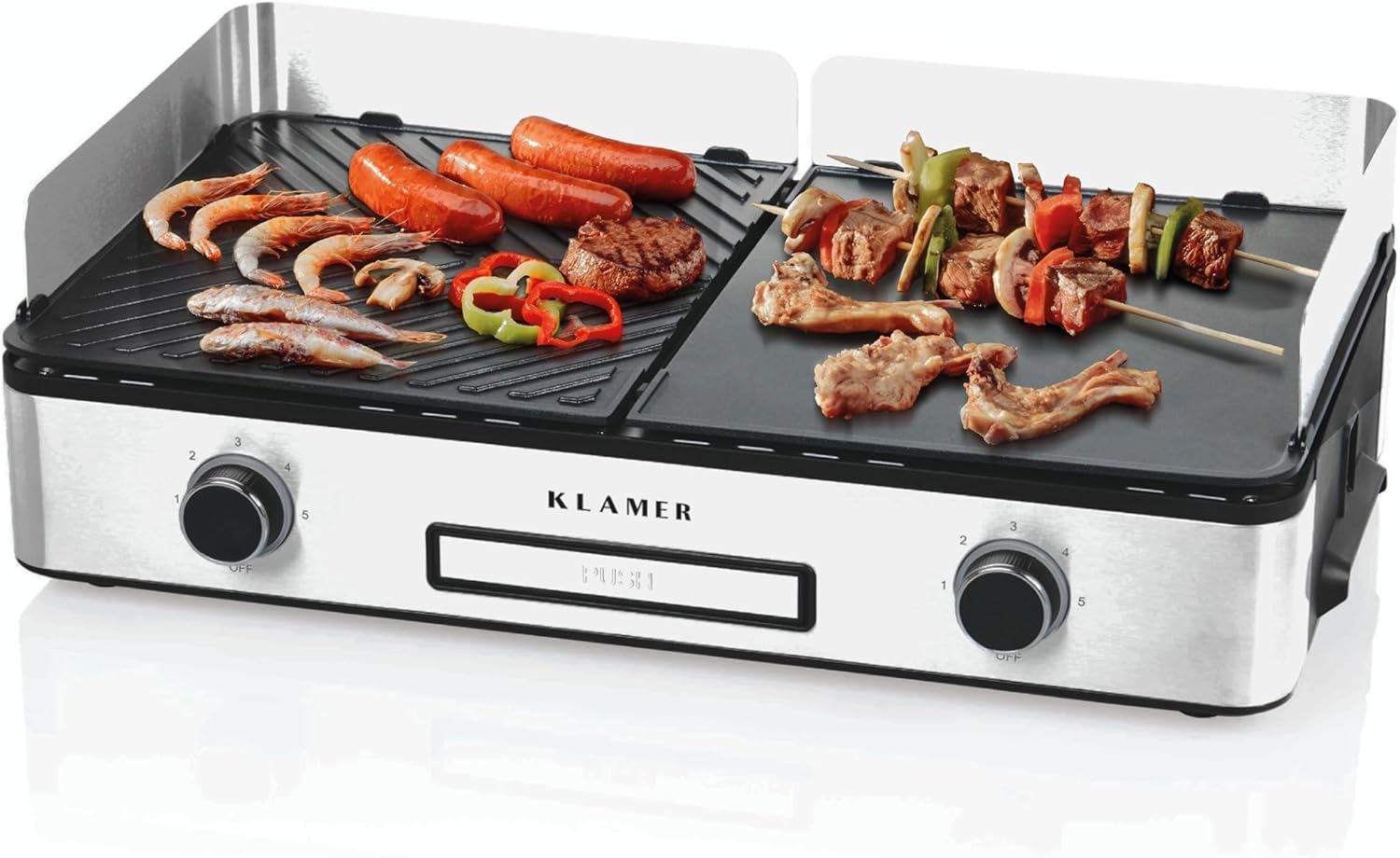 KLAMER Electric Grill Non-Stick Removable Duo Plates Separate Temperature Setting 5 Grill Levels with Wind/Splash Guard & Crumb Tray