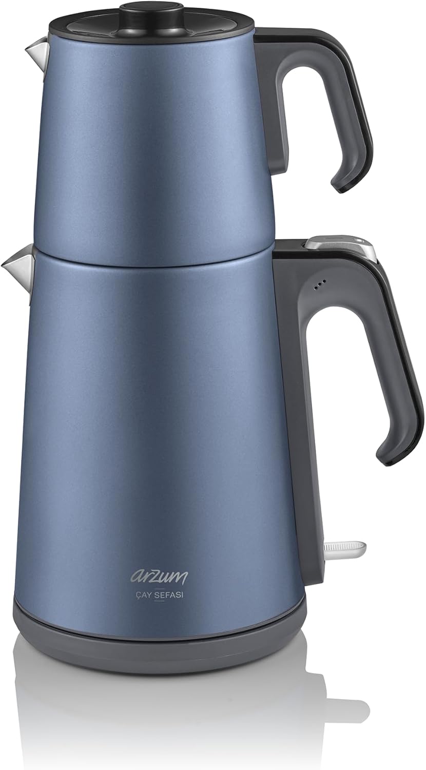 Arzum Tea Makers, Electric Turkish Tea Maker, 1650 W Power, 1.2 L Teapot, 1.8 L Kettle, Stainless Steel, Keep Warm Function, Boil Dry Protection, Wireless Use, Ocean Blue