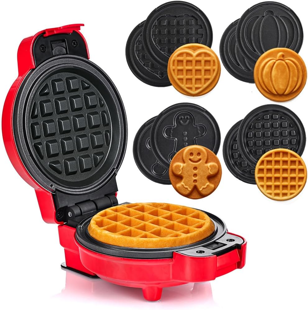 LEHMANN Mini Waffle Iron with Removable Plates, Waffle Shapes - Pumpkin, Gingerbread, Heart and Classic, Mini Waffle Iron with Non-Stick Coating, Ideal for Children's Birthdays and Family Parties, Red