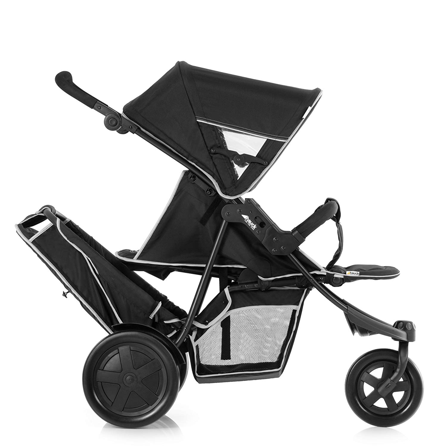 Hauck Geschwister Kinderwagen Freerider / Dreirad Buggy für 2 Kinder / Sitz Unten Abnehmbar / Höhenverstellbar / Regen Verdeck inklusive / Belastbar bis 36 kg / Schmal / Leicht Faltbar / Schwarz