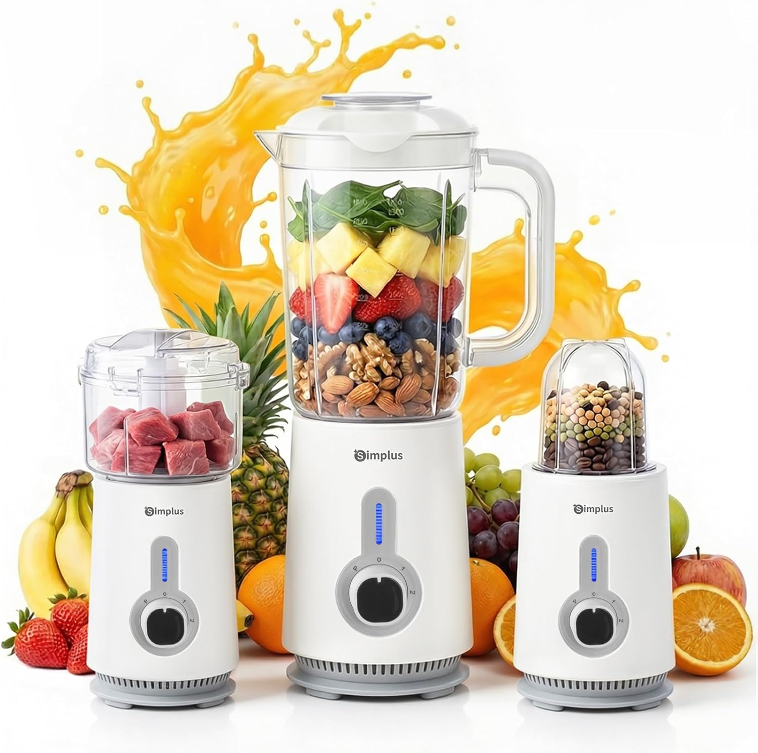 SIMPLUS 3-in-1 Stand Mixer & Smoothie Maker with 1.25 L Mixing Cup, 500 ml Meat Grinder & 300 ml Grinding Cup, 3 Speed Levels with Pulse Function, Stainless Steel Knife