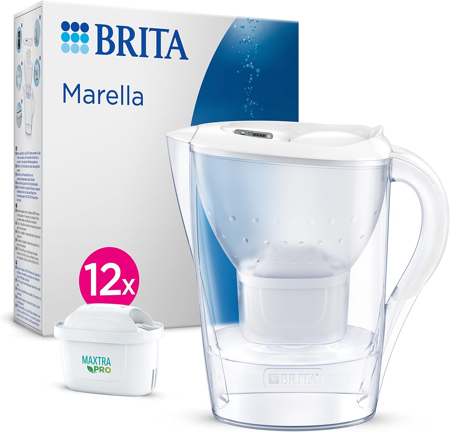 BRITA Marella Water Filter Jug White (2.4 L) Including 12 x Maxtra Pro All-in-1 Cartridge (Annual Stock) - Water Filter for Reducing Limescale, Chlorine, Lead, Copper and Taste-Disturbing Substances