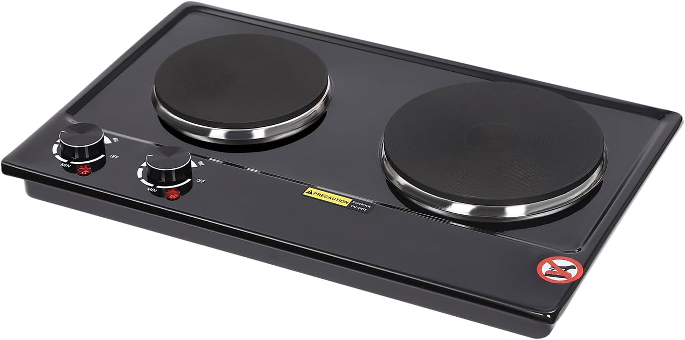 Beaudreaul Double Hob Electric 2500 W Hob with 6 Temperature Settings Camping Stove Portable Hob with 2 Heating Elements Double Head Electric Hob Compatible with Most Pots Black