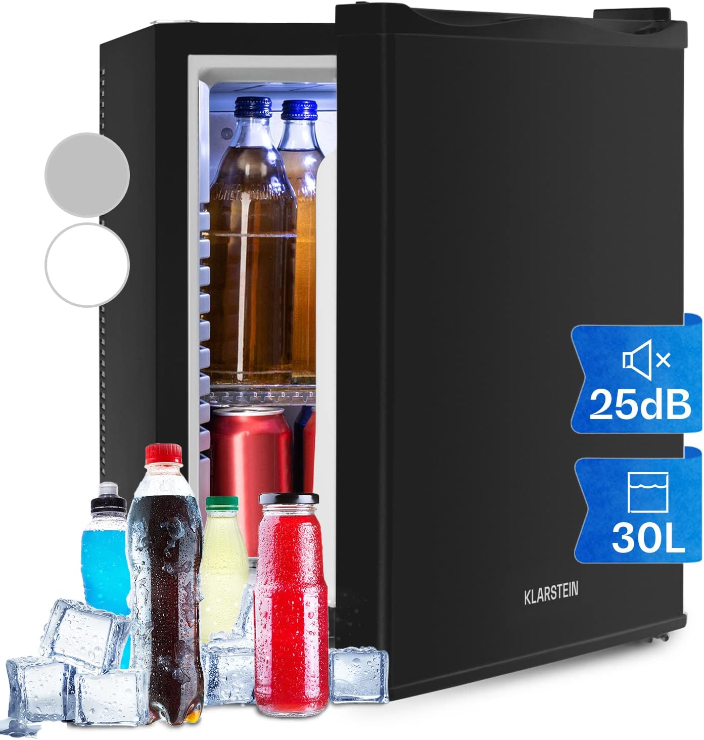 Klarstein MKS Mini Fridge Drinks Refrigerator Sleek Edition Free Standing Energy Class A 30dB Quiet Compact, Black