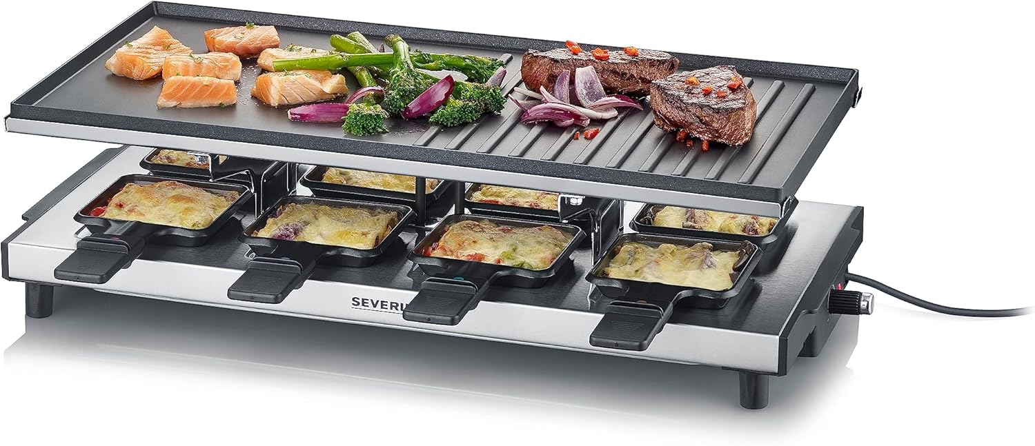 SEVERIN Raclette Grill, Raclette with Large Non-Stick Grill Plate and 8 Raclette Pans, Table Grill for up to 8 People, 1,700 W Power, Stainless Steel, Black, RG 2375