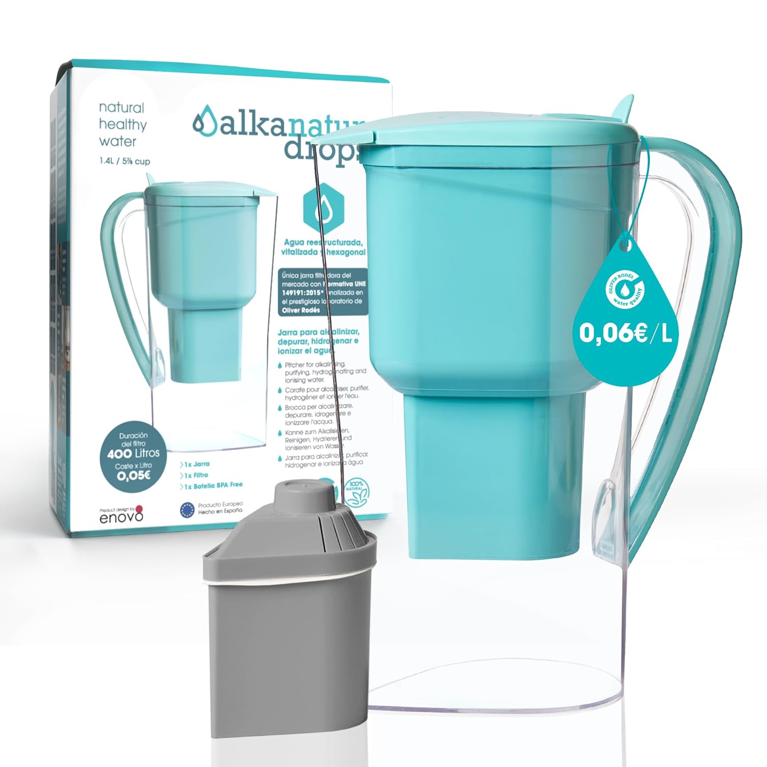Alkanatur Store Water Filter Jug Water Filter with Zeolite Clinoptilolite Filter Alkaline Water Magnesium Hydrogen + Ioniz + Magnesium Removes Chlorine + Metals + Bacteria Standard UNE 149101:2015 | ALKANATURE