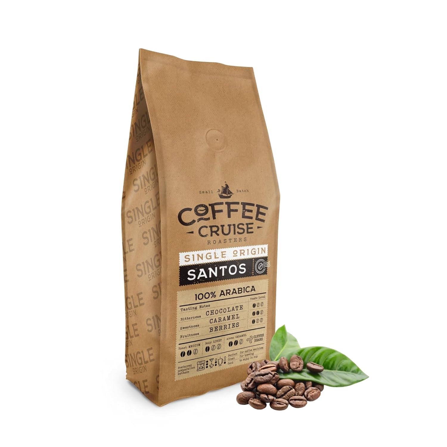 COFFEE CRUISE Santos Coffee Beans 1 kg - Medium Roast - Aroma Caramel - For All Coffee Machines - 100% Arabic