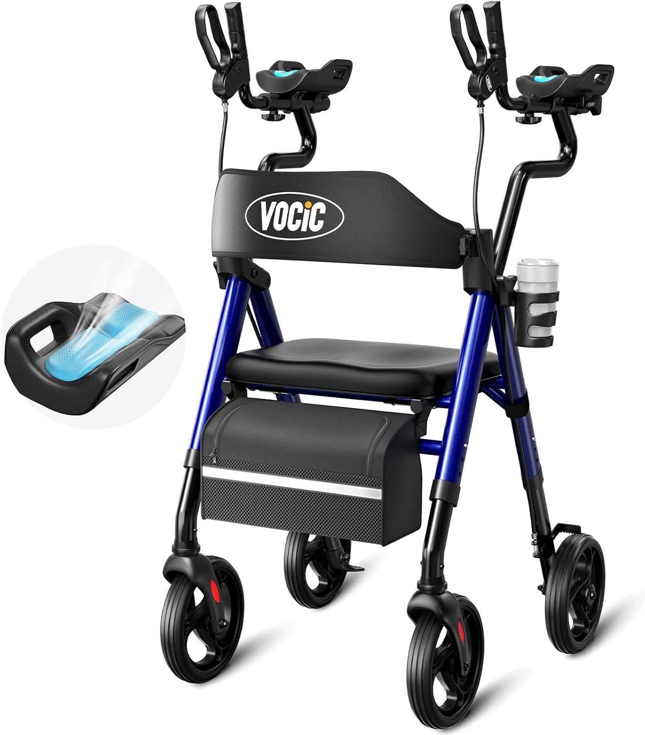 VOCIC Z22 Rollator Foldable and Lightweight with Seat, GelCool Rollator with Forearm Supports & Adjustable Armrests, Rollators for Seniors with Comfortable Seat, up to 136 kg, Cup & Stick Holder Integrated