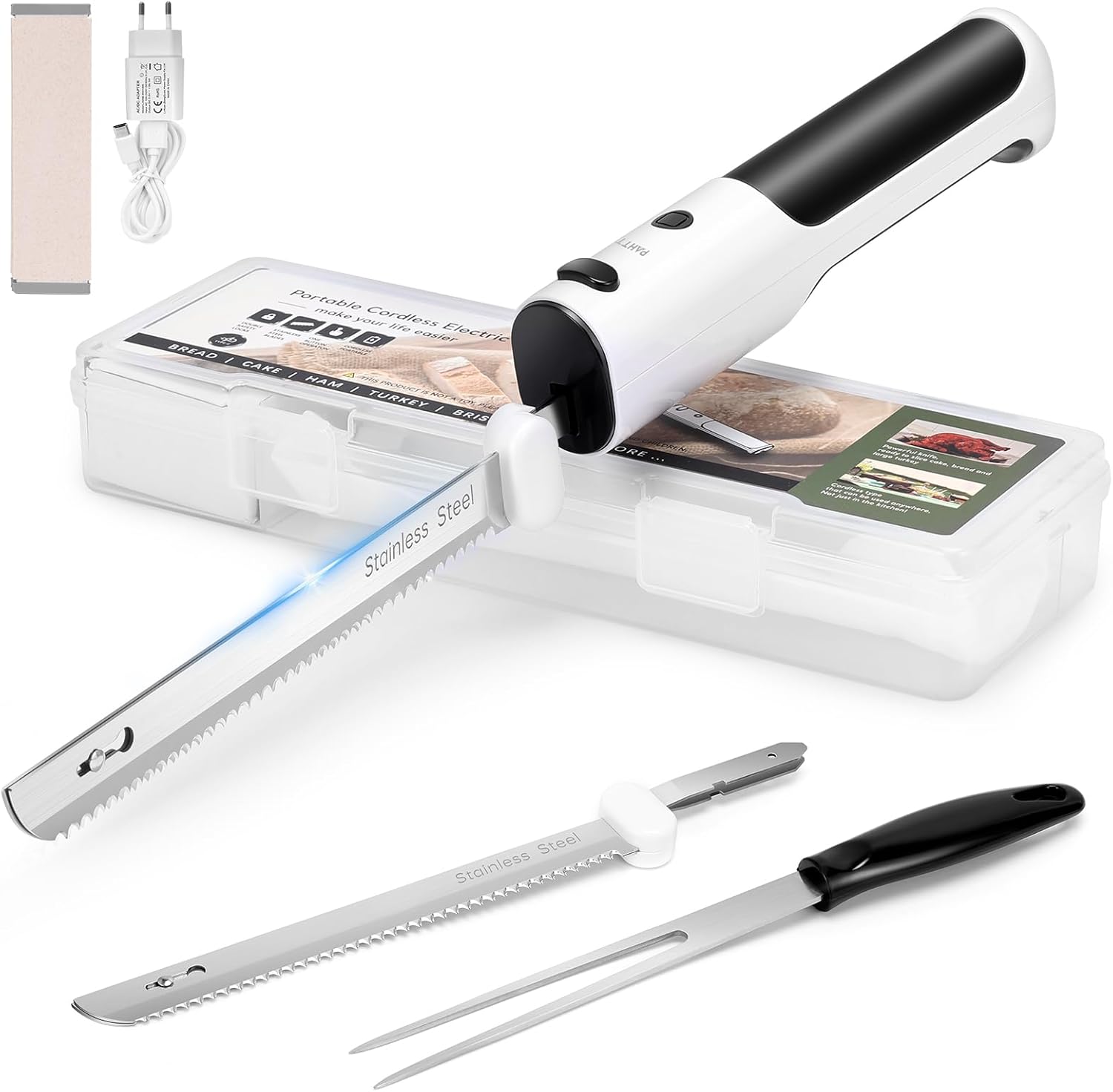 Electric Knife for Cutting Meat, Bread, Vegetables, Fruits, Wireless Bread Cutting Knife, Kebab Knife, Kitchen Knife with Stainless Steel Double Blades Including Box, Fork and Folding Chopping