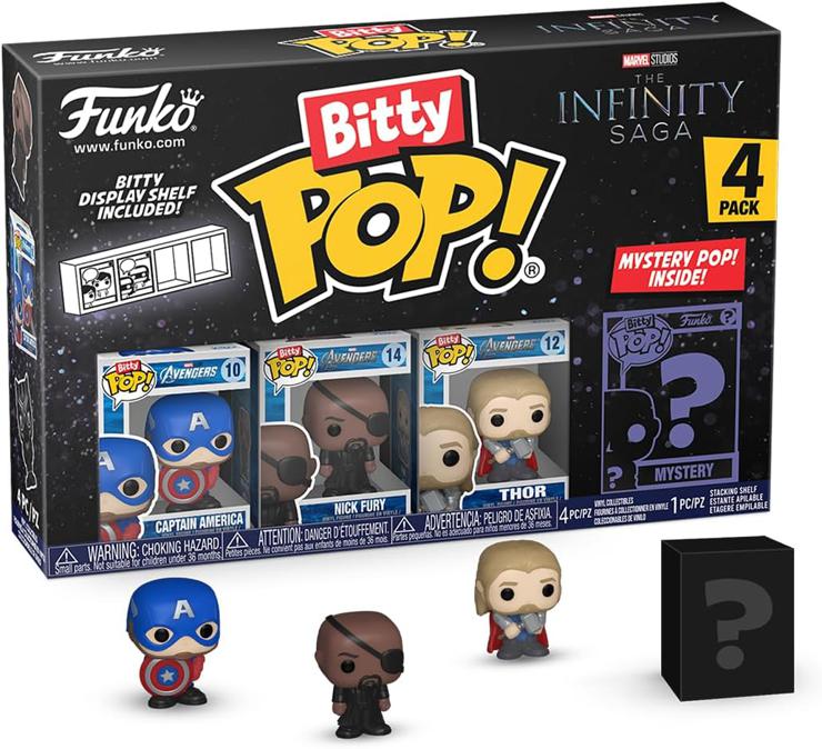 Funko Bitty Pop! Marvel - Captain America 4PK - Captain America (Holding Shield), Nick Fury, Thor and a Surprise Mini Figure - 0.9 Inch (2.2 cm) - Marvel Comics Collectible Fans