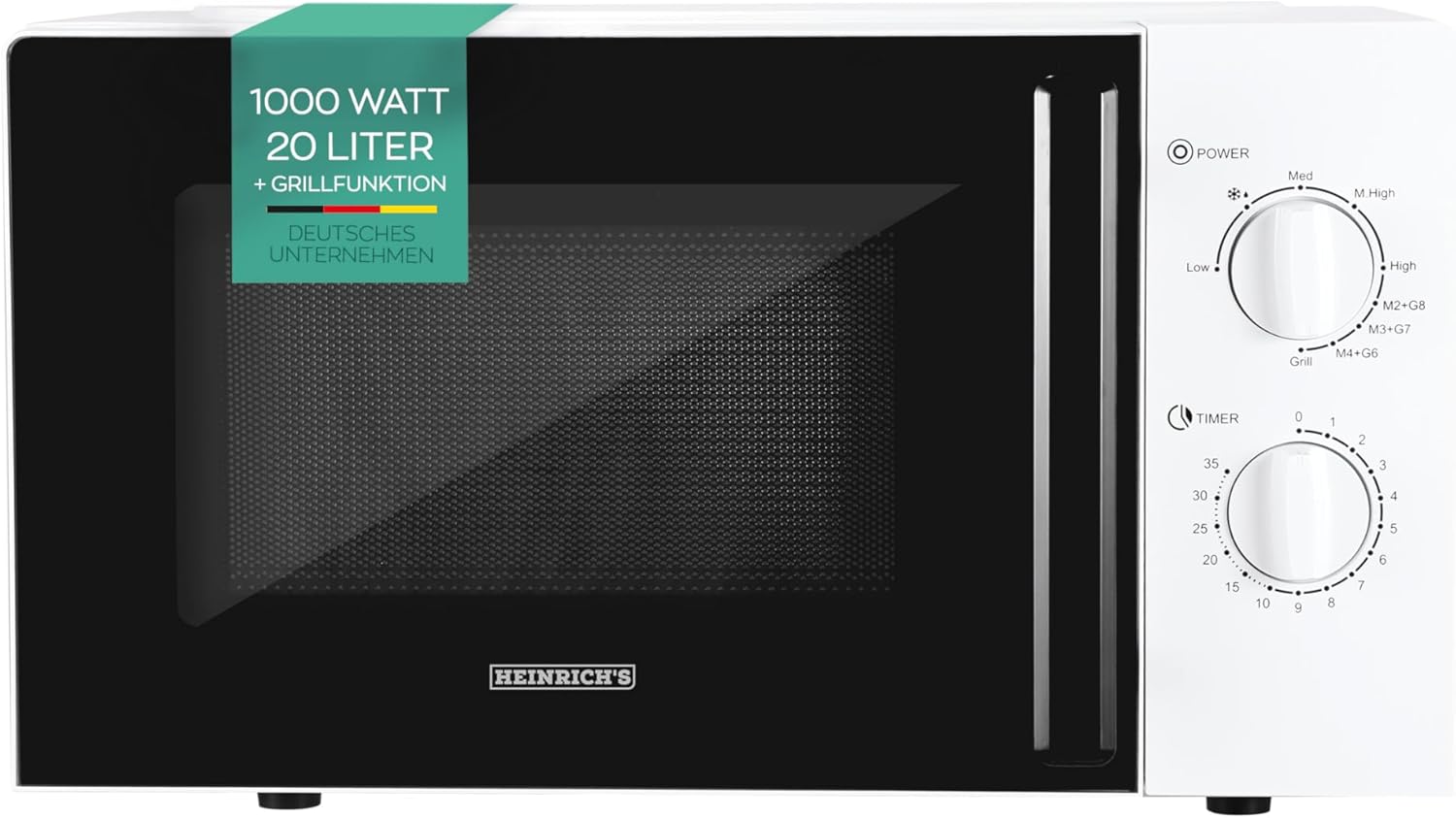 Heinrich\'s Microwave, Compact Microwave, 20 L Volume, 9 Power Levels, Includes 35 Min. Timer, Defrost Function, Interior Lighting, 360° Turntable, with Grill Function, 1000 W Power, Heinrich\'s (White)