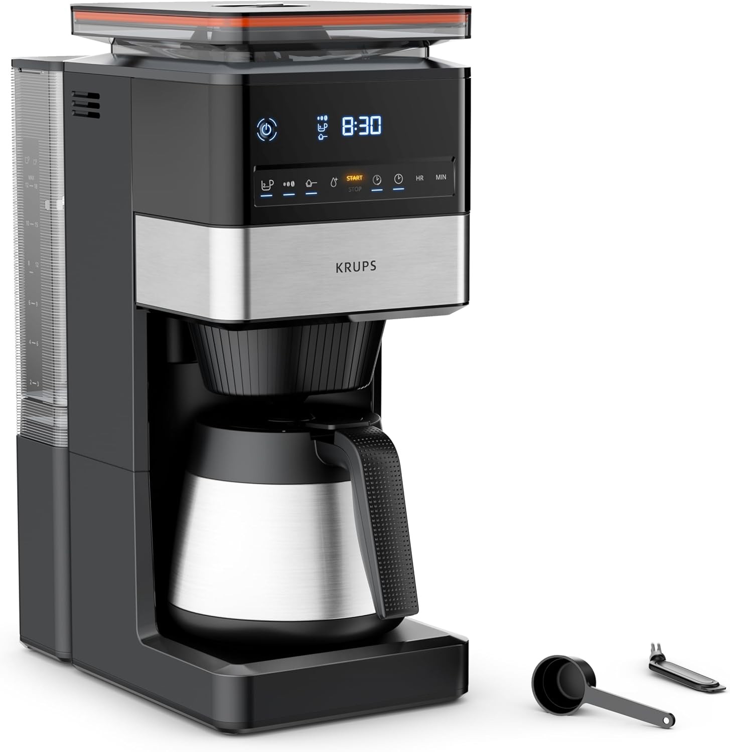 Krups Grind Aroma XL filter coffee machine, removable conical grinder, digital control panel, XL capacity (1.25 L), stainless steel thermos, black/stainless steel, KT842810