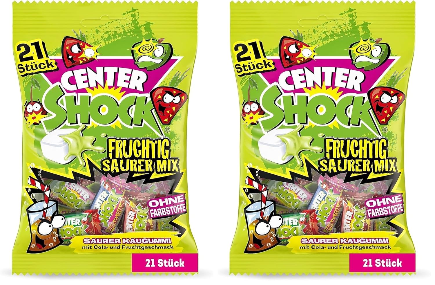 Center Shock Store Center Shock Sour Mix Pack of 21 Extra Sour Chewing Gums, Assorted Varieties with Cola & Fruit Flavor, Perfect for Birthday & Halloween, 90g (Pack of 2)