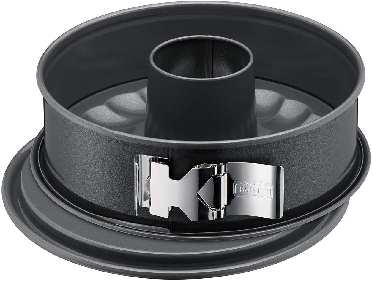 Kaiser “La Forme Plus” Round Springform Cake Tin with 2 Bases (1 Flat and 1 for Bundt Cakes), Diameter 26 cm, SafeClick Closure, Cut-Proof, Leak-Proof, Non-Stick Coating, Grey