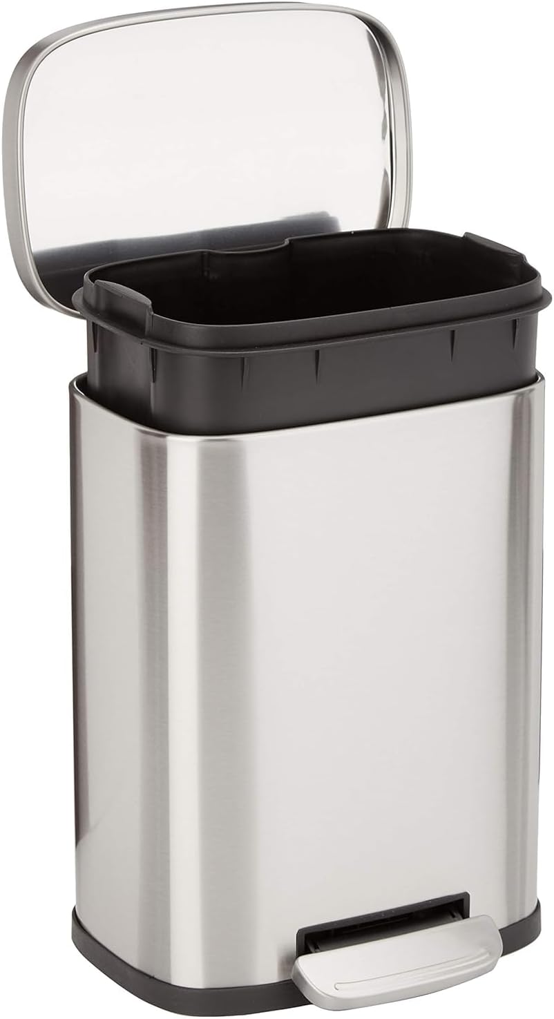 Amazon Basics Kitchen Waste Bin with Steel Tube Pedal, 5 Liters, Soft-Close Lid for Kitchen, Bathroom or Office, Rectangular, Satin/Nickel Colors