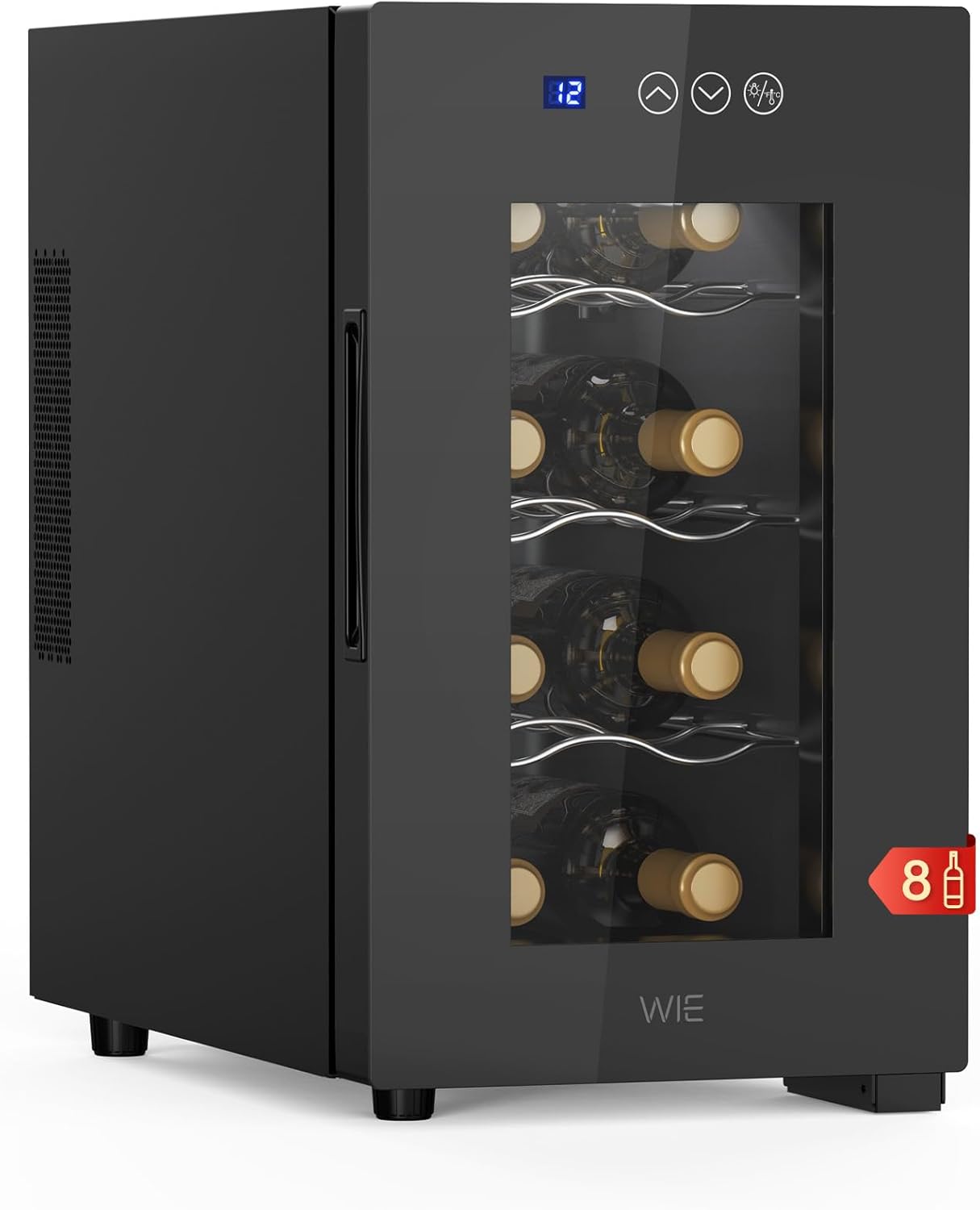 WIE Wine Fridge 8 Bottles Drinks Fridge 23 L Wine Cabinet Small 5-18 °C Wine Fridge with Glass Door Full Glass Design Door LED Touch Panel Anti-UV Mini Wine Fridge