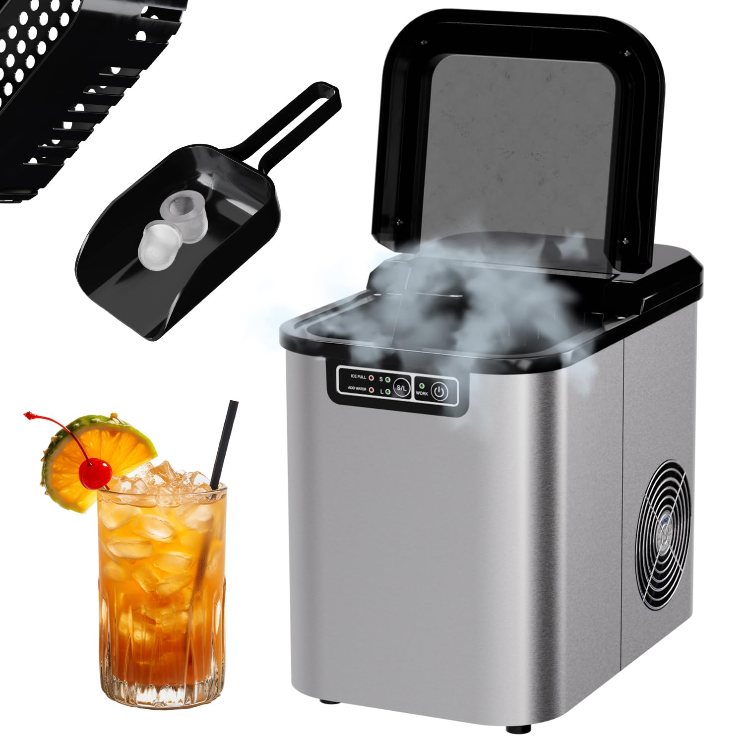 TroniTechnik® Stainless Steel Ice Cube Maker, 12 kg/24 h, 2.2 Liter Water Tank, 2 Sizes, Self-Cleaning, Silver, Easy to Use