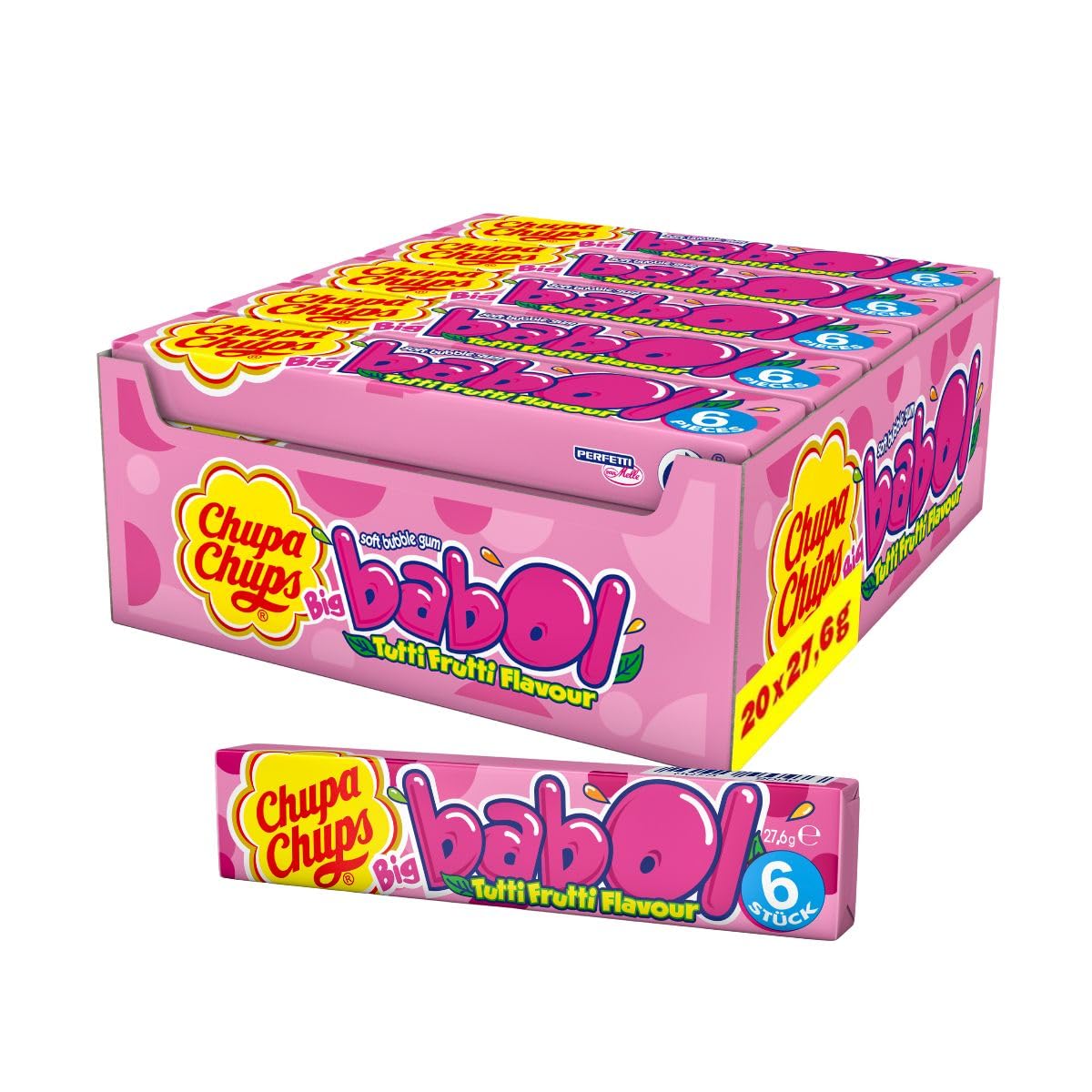Chupa Chups Store Chupa Chups Big Babol Tutti Frutti Bubble Gum Counter Display Contains 20 Sticks of Fruit Flavored Bubbles for Large Bubbles Suitable for Birthday 20 x 27.6g