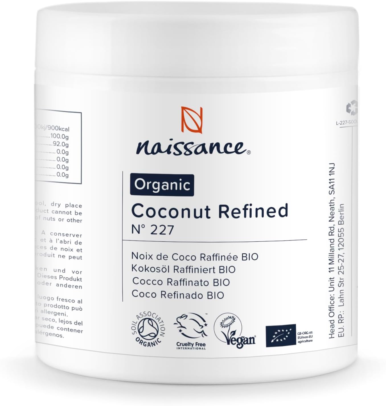 Naissance Organic Refined Coconut (Solid) Oil (#227) 500g - Pure, Natural, Certified Organic, Cruelty Free, Vegan - Moisturising & Hydrating - Ideal for Aromatherapy, Skincare, Haircare & DIY Beauty