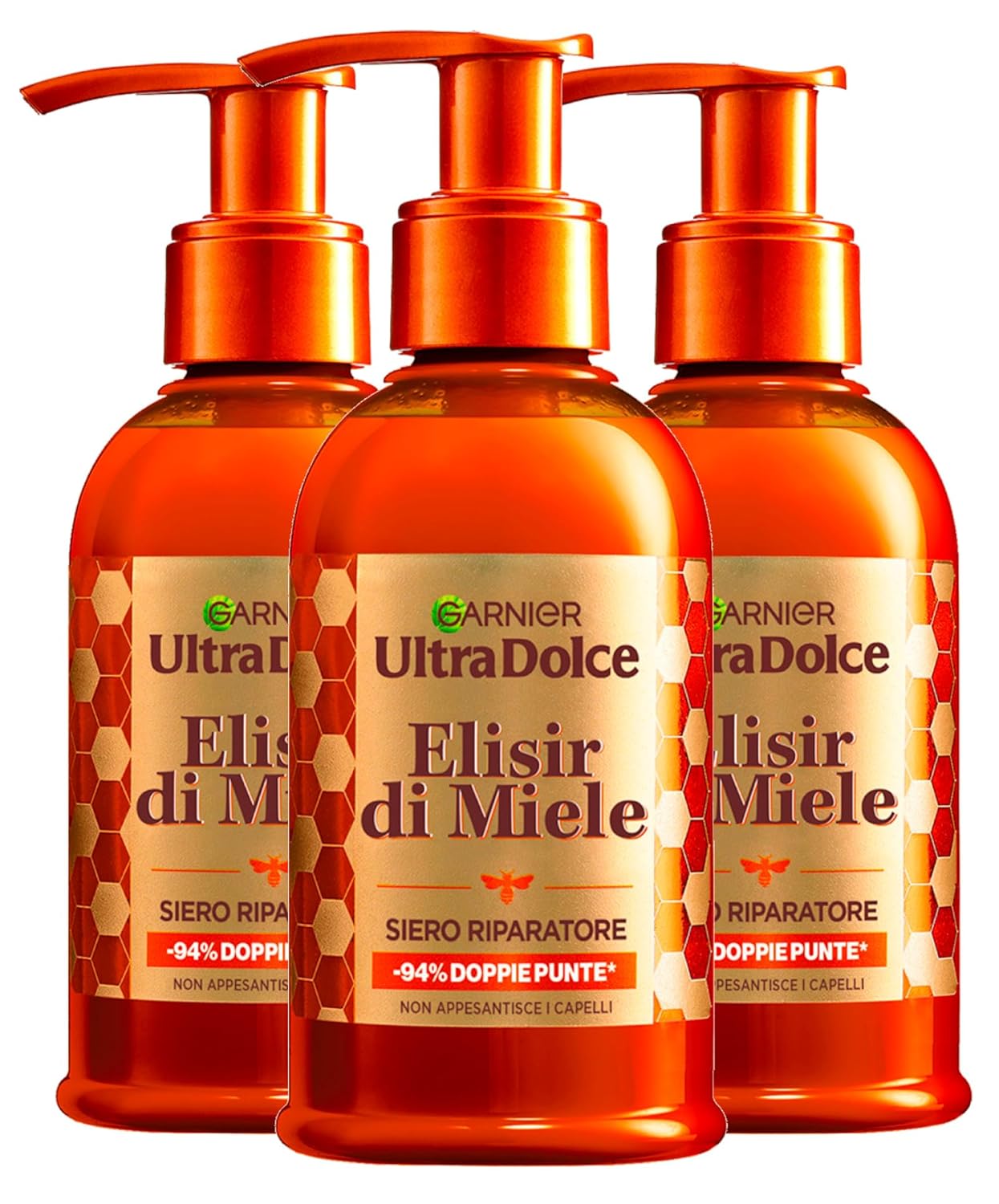 Garnier Ultra Dolce Elixir di Honey Repair Serum for Damaged Hair and Double Tips with Acacia Honey Fabric Softener with Light Texture - 3 Bottles of 115ml