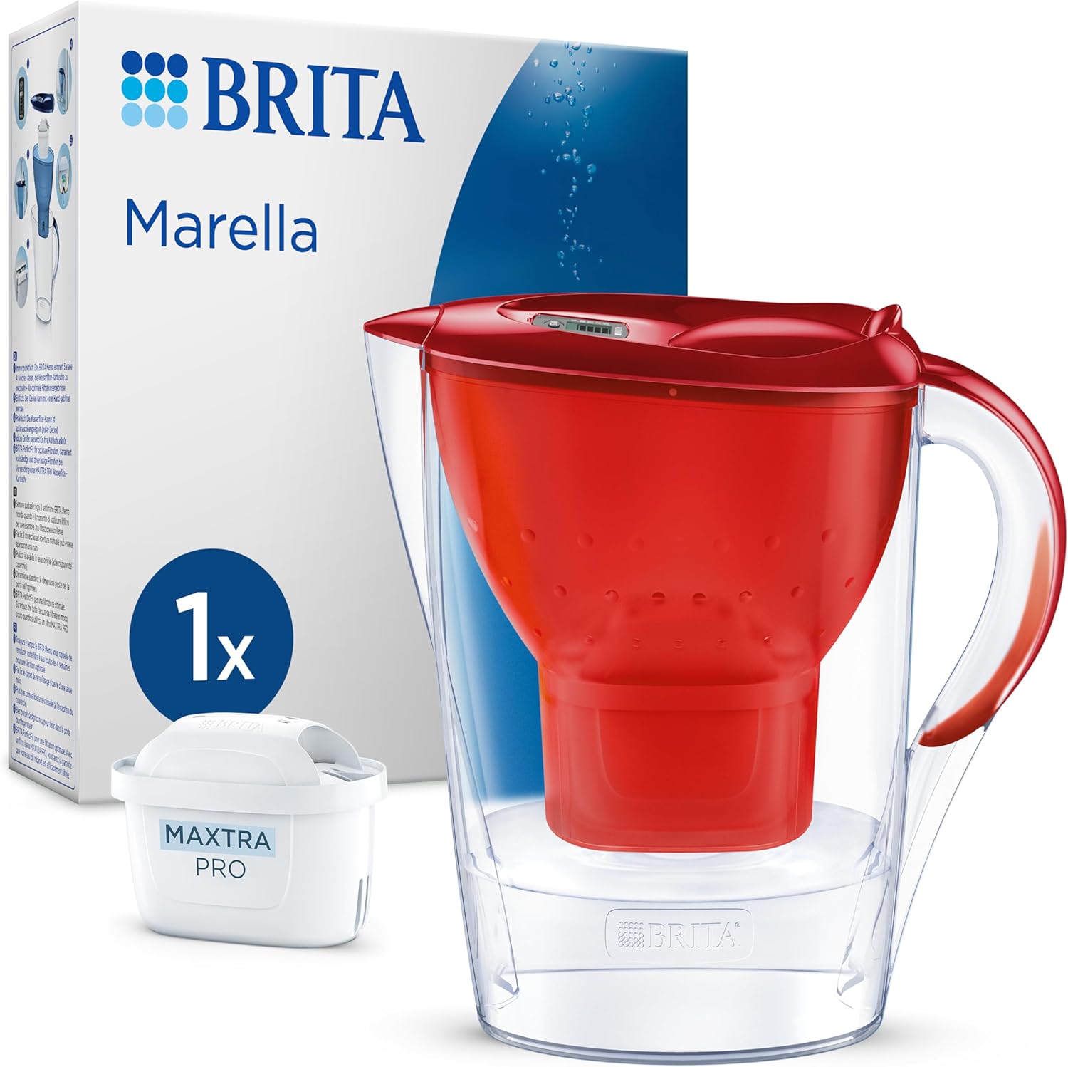BRITA Marella Water Filter Jug Red (2.4 L) Including 1x Maxtra Pro All-in-1 Cartridge - Water Filter for Drinking Water Reduces Limescale, Chlorine, Lead, Copper & Taste-Disturbing Substances in Tap
