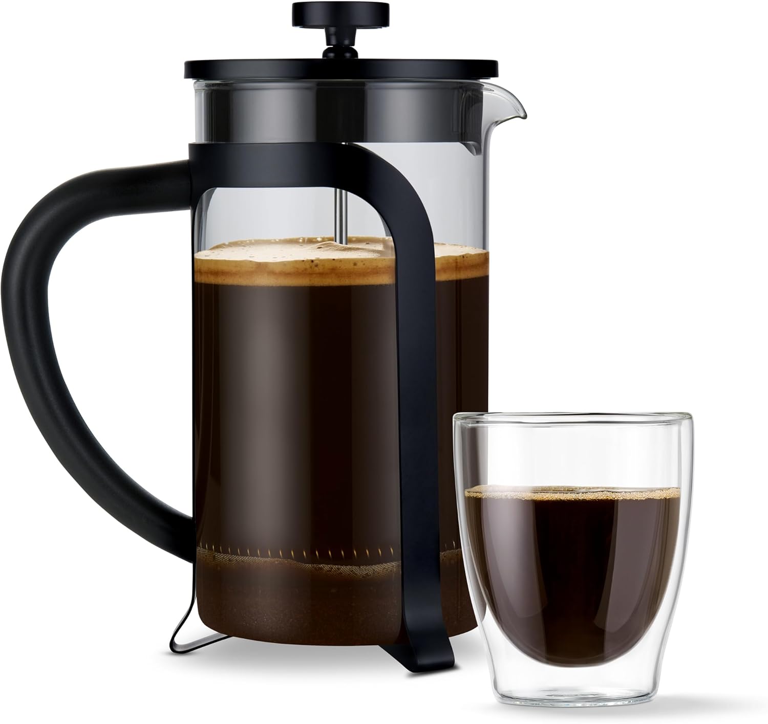 Tchibo Store Tchibo Strainer Stamp Jug for Manual Coffee Preparation, French Press Made of Heat-resistant Borosilicate Glass, Dishwasher Safe, 800 ml Capacity for Approx. 6 Cups, Stainless Steel, Black